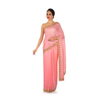 Peach georgette saree with unstitched blouse adorn in heavy cut dana work only on Kalki