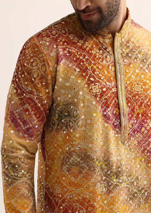 Peach Georgette Sequin Work Kurta Set For Men