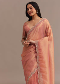 Peach Glass Tissue Saree With Stone And Cutdana Embroidery