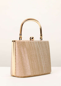 Peach Gold Clutch In Crush Fabric With Metal Handle And Clasp Closure