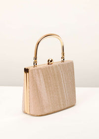 Peach Gold Clutch In Crush Fabric With Metal Handle And Clasp Closure