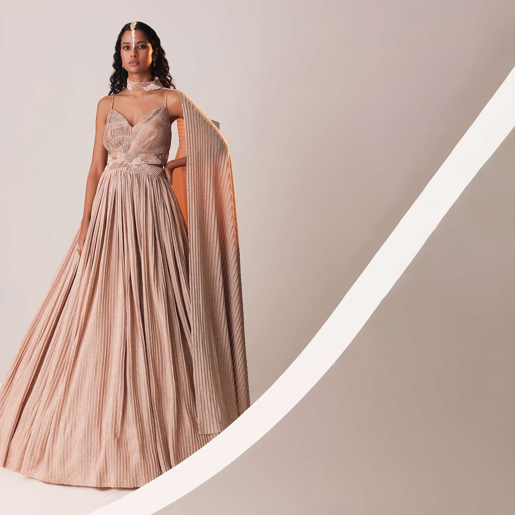 Peach Gold Embroidered Gown In Knit Strechable Fabric