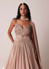 Peach Gold Embroidered Gown In Knit Strechable Fabric