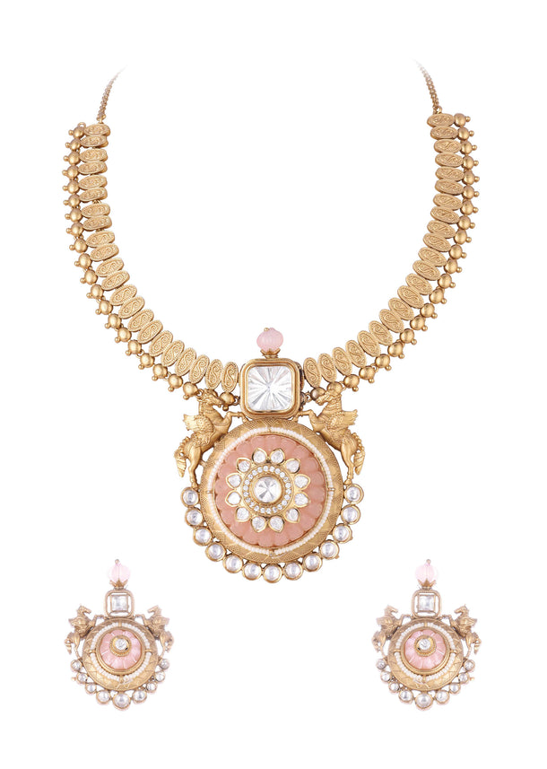 Peach Gold Finish Necklace Set With Carving Work