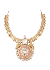 Peach Gold Finish Necklace Set With Carving Work