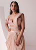 Peach Gold Ready-To-Wear Saree With Pleated Satin Blouse And Embroidered Belt