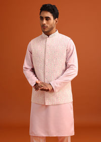 Peach Green Linen Silk Mirror Work Jacket Kurta Set