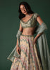 Peach Green Printed Lehenga Set In Banarasi Silk