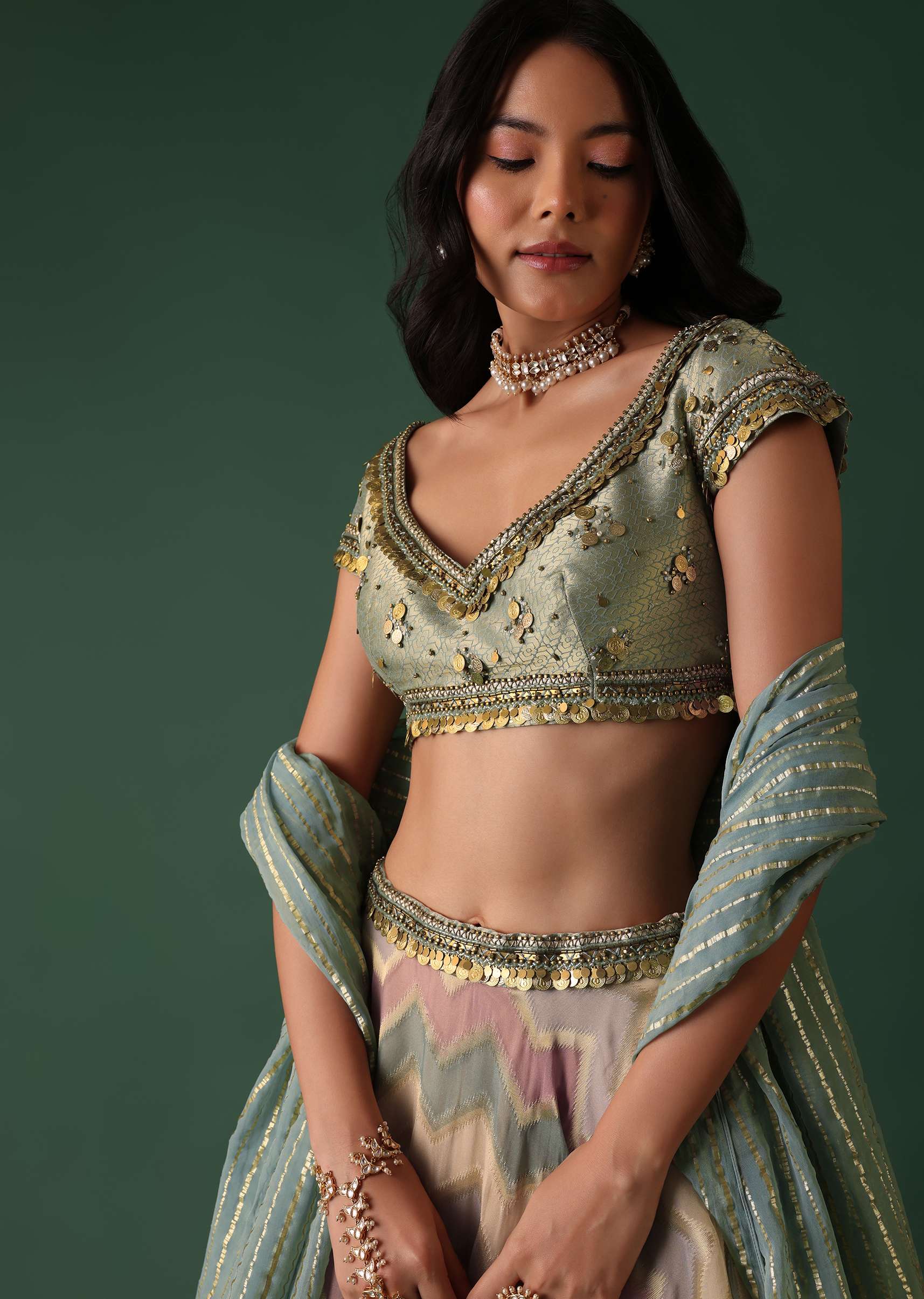 Peach Green Printed Lehenga Set In Banarasi Silk