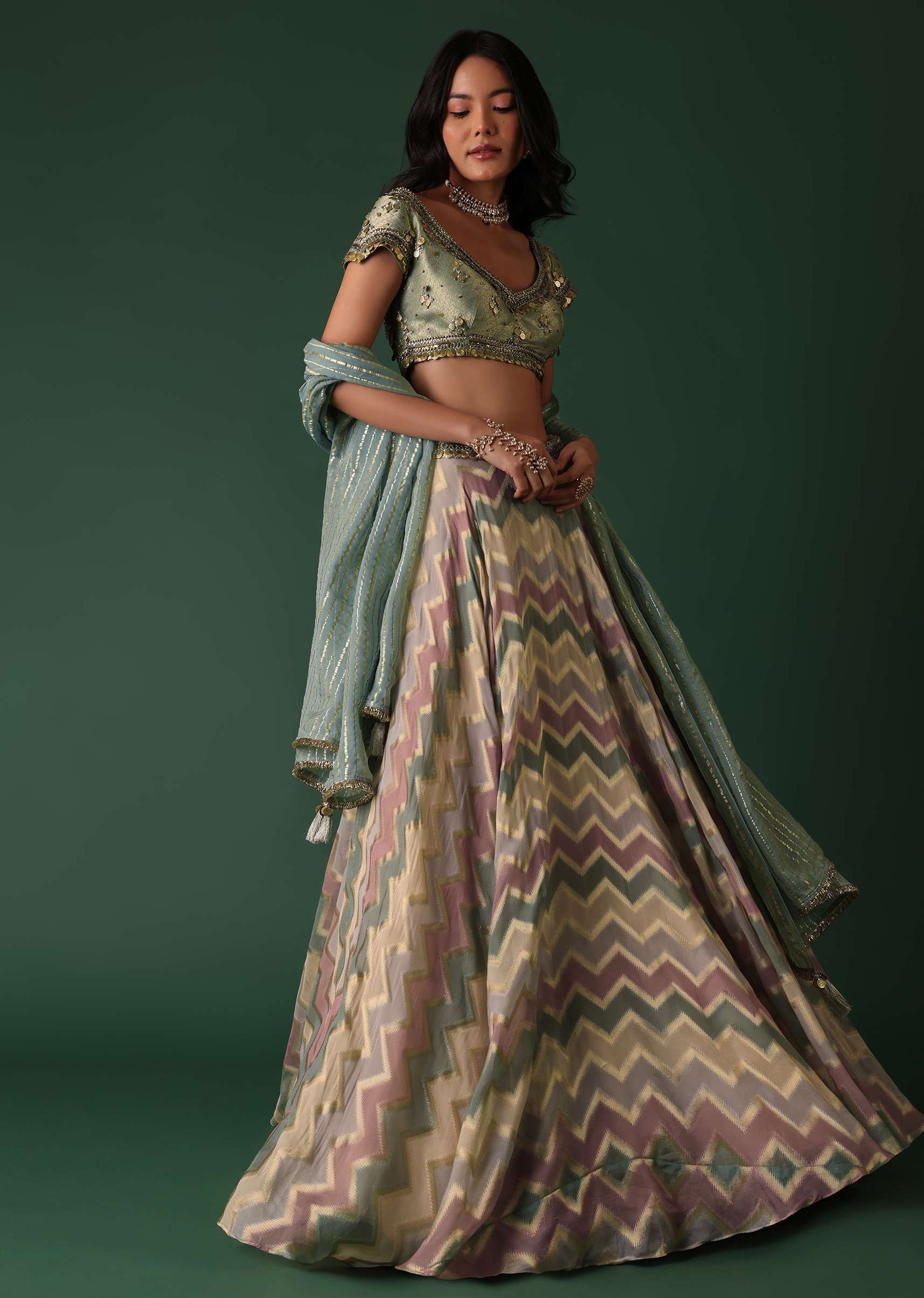 Peach Green Printed Lehenga Set In Banarasi Silk