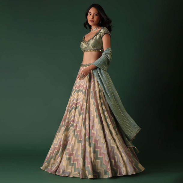 Peach Green Printed Lehenga Set In Banarasi Silk