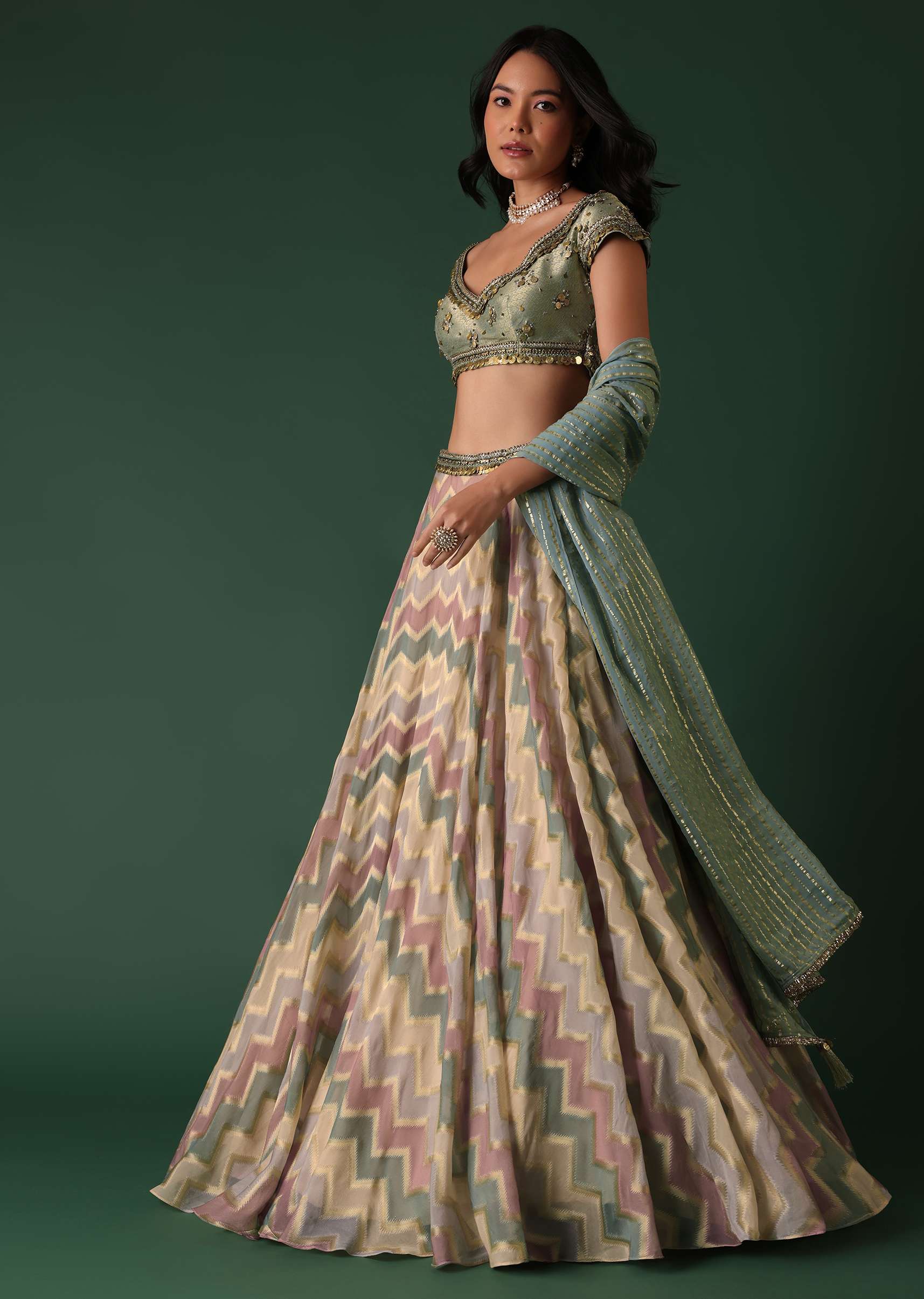 Peach Green Printed Lehenga Set In Banarasi Silk