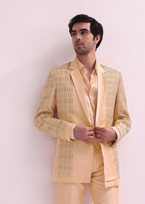 Peach Hand Embellished Lapel Tuxedo With Shirt And Pants