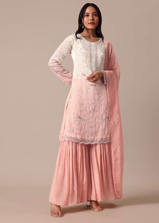 Peach Hand Embroidered Kurta Sharara Set