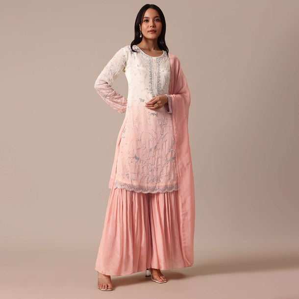 Peach Hand Embroidered Kurta Sharara Set