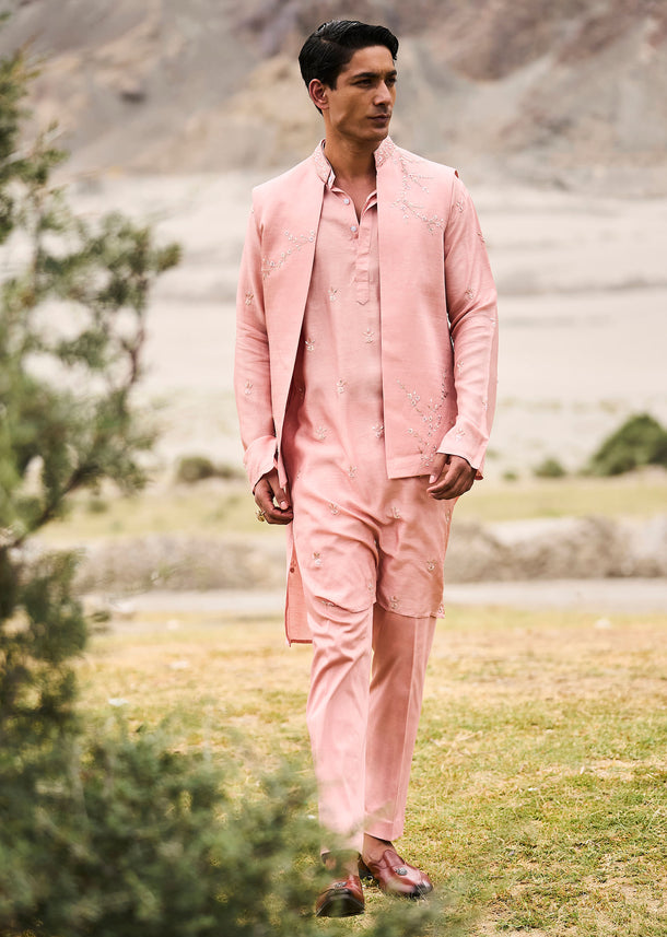 Peach Hand Embroidered Linen Bandi Kurta Set