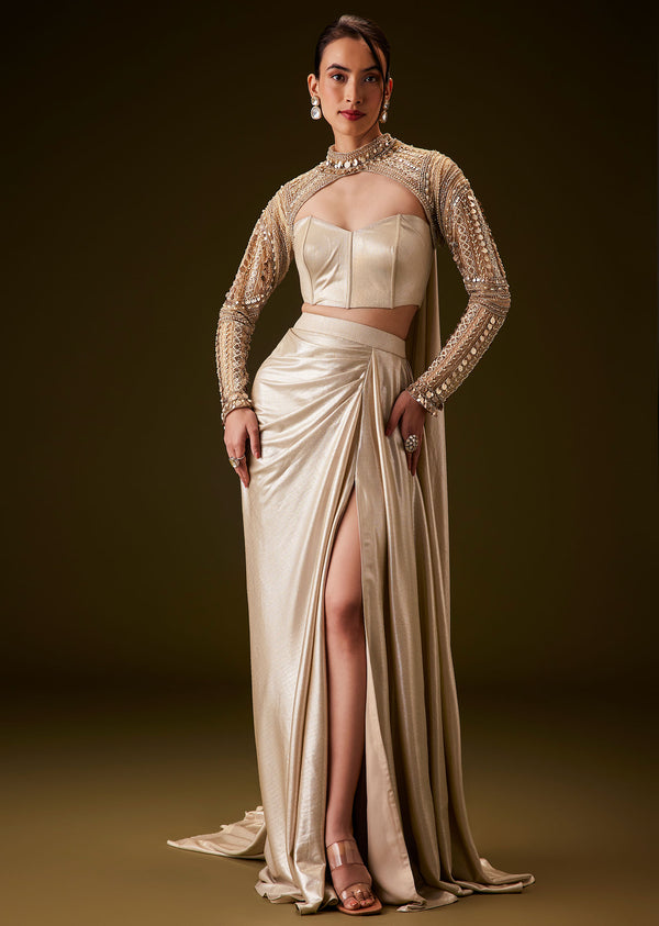 Peach Hand Embroidered Skirt Set With Cape