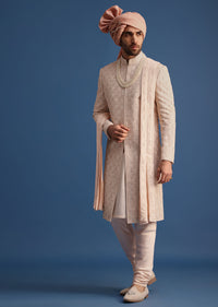 Peach Heavy Hand Embroidered Sherwani Suit