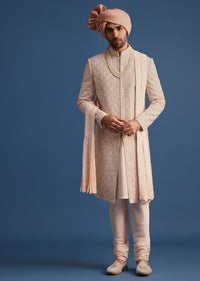 Peach Heavy Hand Embroidered Sherwani Suit