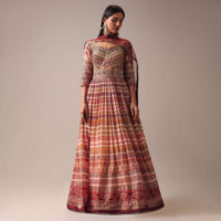 Peach Indie Print Anarkali Suit Set In Tussar Silk