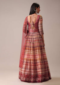 Peach Indie Print Anarkali Suit Set In Tussar Silk