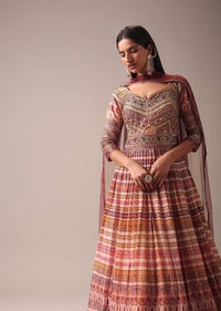 Peach Indie Print Anarkali Suit Set In Tussar Silk