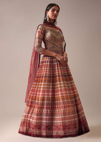 Peach Indie Print Anarkali Suit Set In Tussar Silk