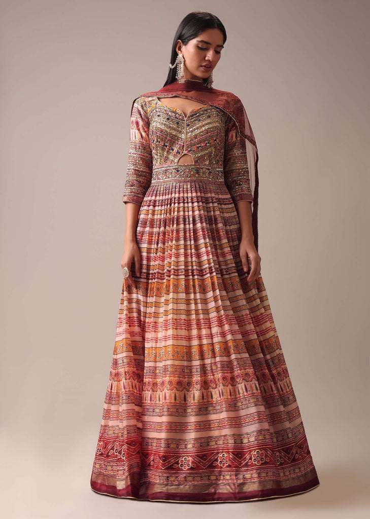 Peach Indie Print Anarkali Suit Set In Tussar Silk