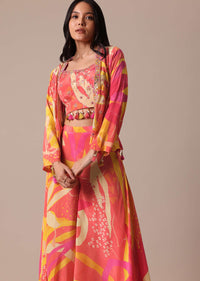 Peach Indo Fusion Jacket Set With Mirror Work