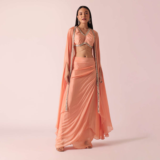 Peach Jacket And Dhoti Set With Mirror Work