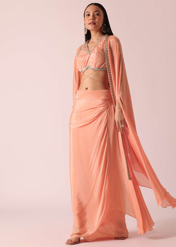 Peach Jacket And Dhoti Set With Mirror Work