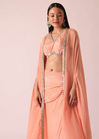 Peach Jacket And Dhoti Set With Mirror Work