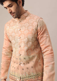 Peach Jacket And Kurta Set With Bandhani Print