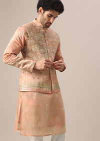 Peach Jacket And Kurta Set With Bandhani Print