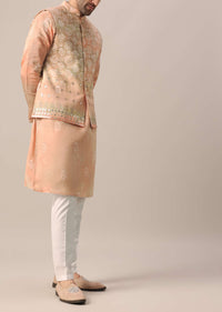 Peach Jacket And Kurta Set With Bandhani Print