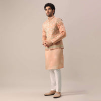 Peach Jacket And Kurta Set With Bandhani Print