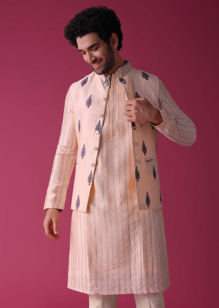 Peach Jacket Kurta Set In Art Silk With Threadwork