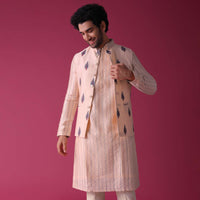 Peach Jacket Kurta Set In Art Silk With Threadwork