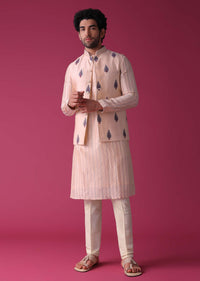 Peach Jacket Kurta Set In Art Silk With Threadwork