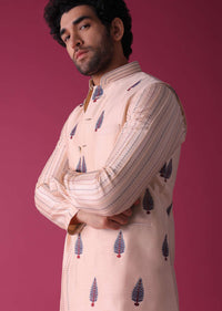 Peach Jacket Kurta Set In Art Silk With Threadwork