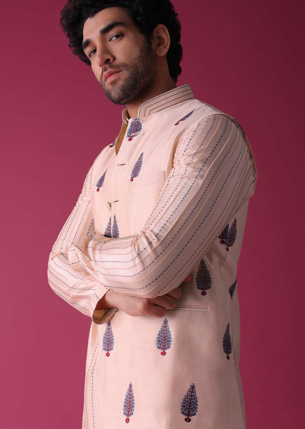 Peach Jacket Kurta Set In Art Silk With Threadwork