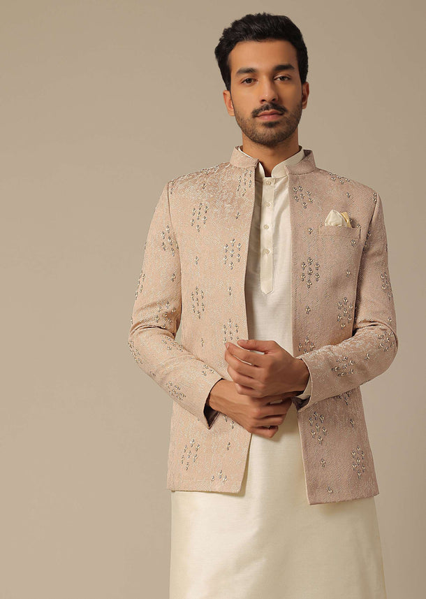 Peach Jacquard Jodhpuri Set With Embroidered Detail