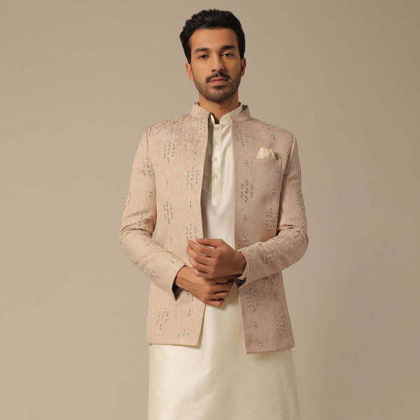 Peach Jacquard Jodhpuri Set With Embroidered Detail