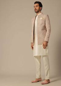 Peach Jacquard Jodhpuri Set With Embroidered Detail