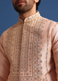 Peach Kurta Jacket Set With Zari Work And Mirror Embroidery For Men