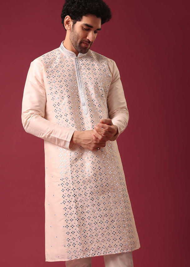 Peach Kurta Set With Mirror Work In Silk