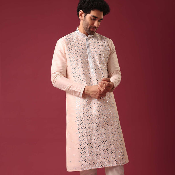 Peach Kurta Set With Mirror Work In Silk