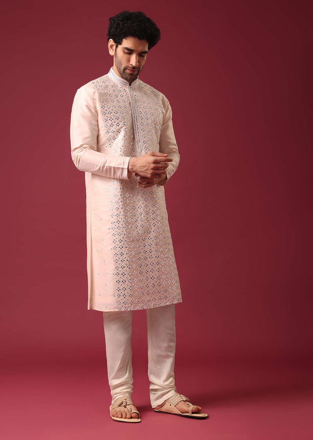 Peach Kurta Set With Mirror Work In Silk