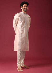 Peach Kurta Set With Mirror Work In Silk