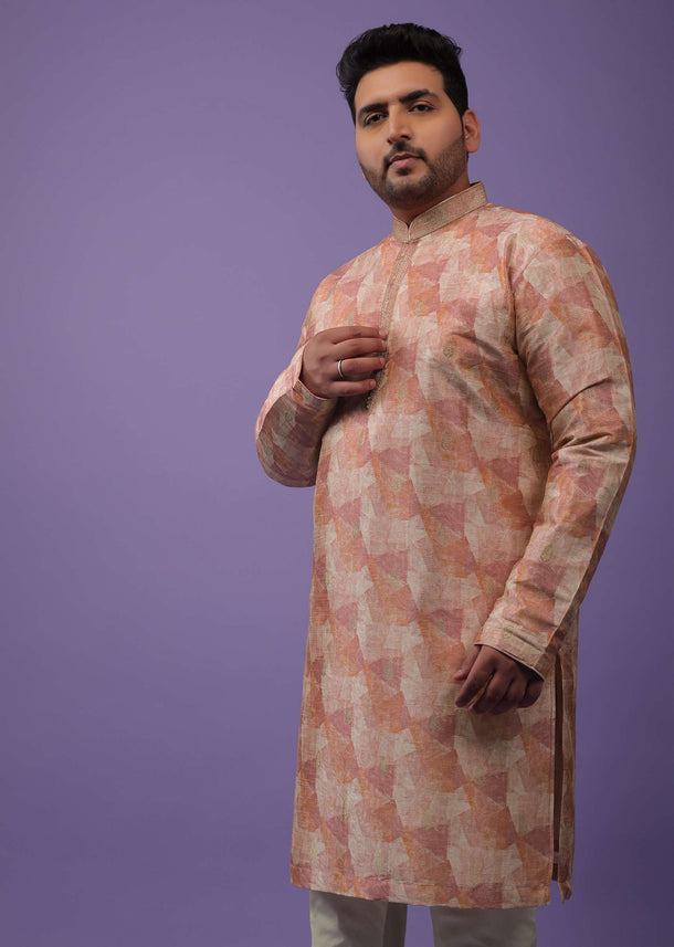 Peach Kurta Set With Print And Brocade Weave Buttis In Bangalore Silk